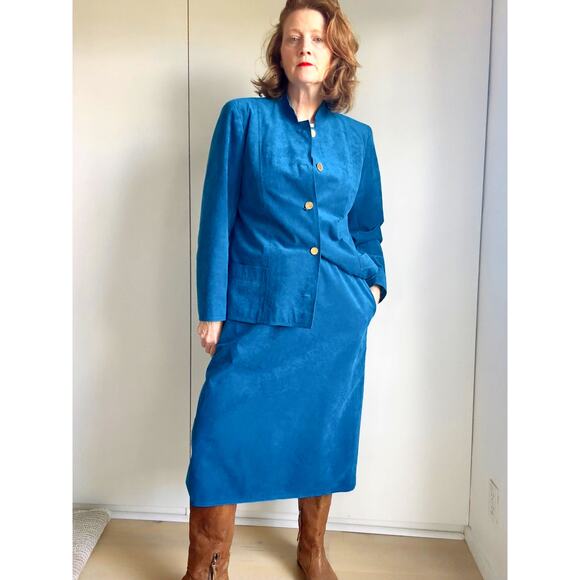 Vintage 80s Ultra Suede Womens Suit Blue Union Made Skirt/Blazer Set Size Large - Picture 3 of 13